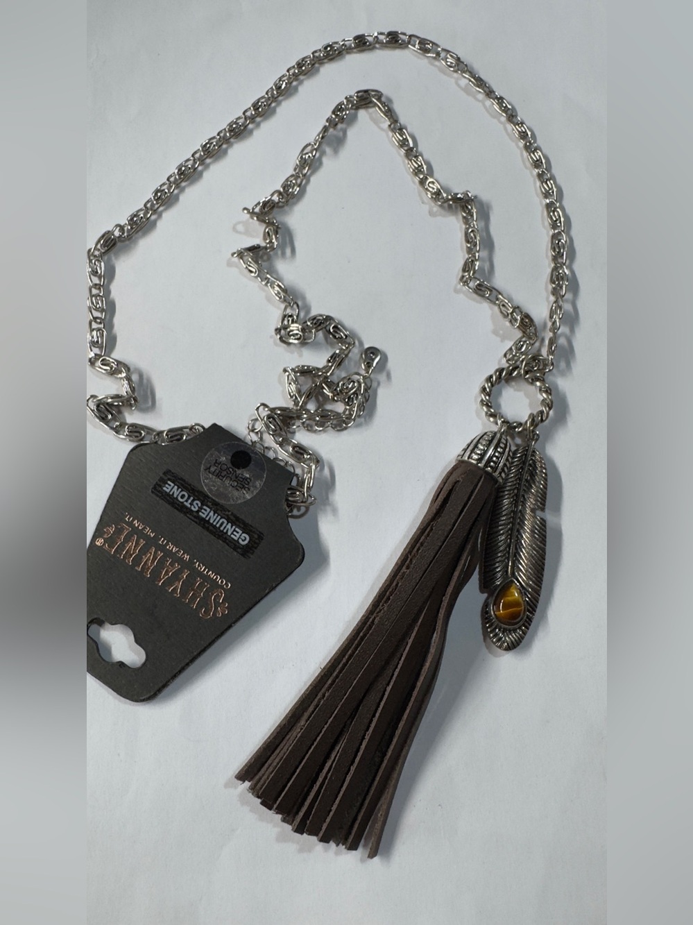 17”Shyanne Brown Tassel Necklace with Silver Feather Pendant